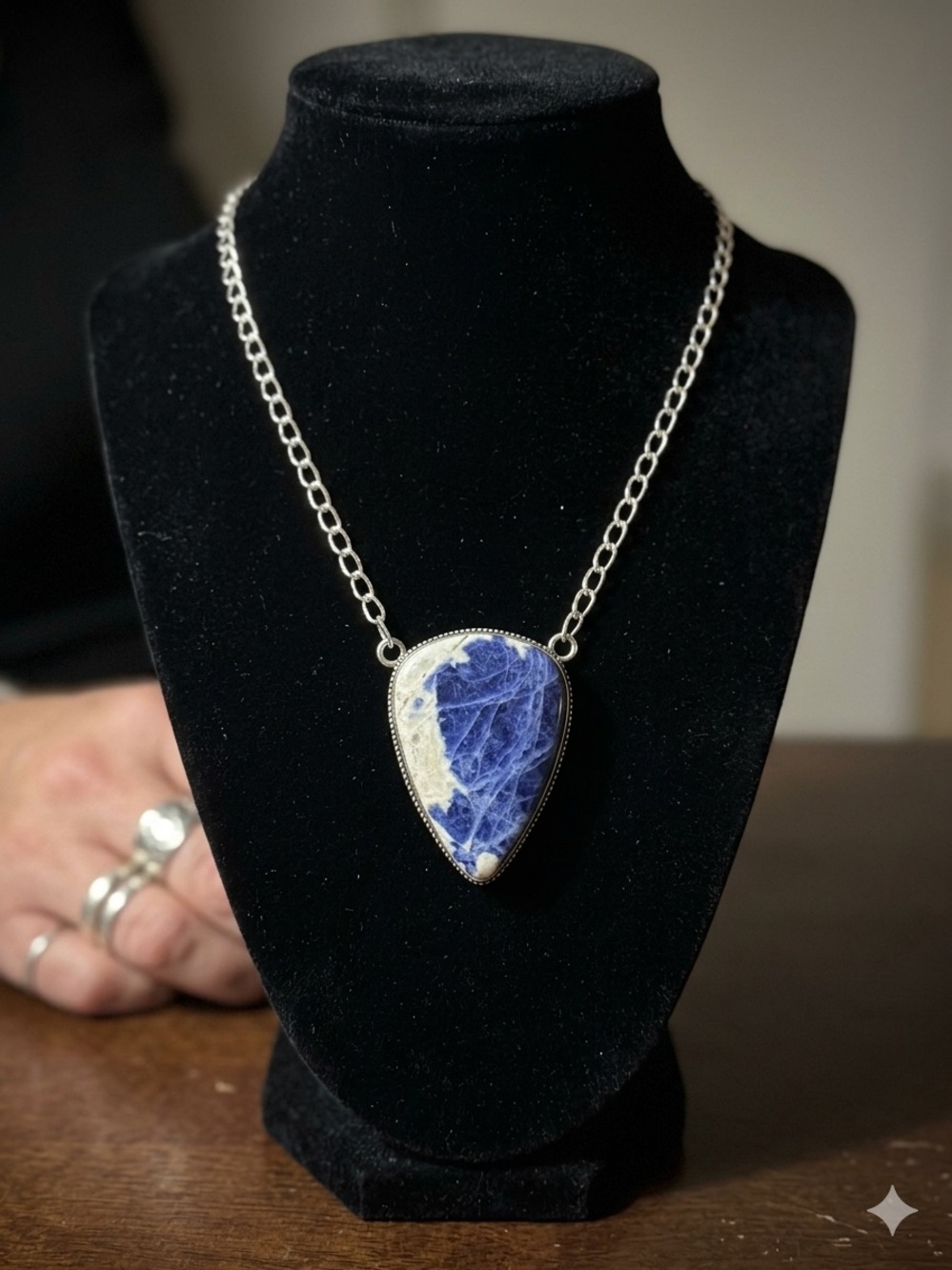 Sterling Silver 925 Sodalite Teardrop Pendant Necklace Ornate Scroll Bezel